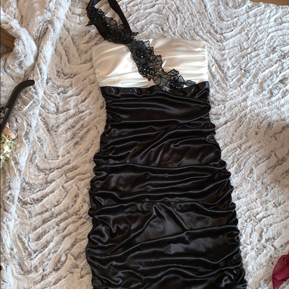 One shoulder black and white ruched dress